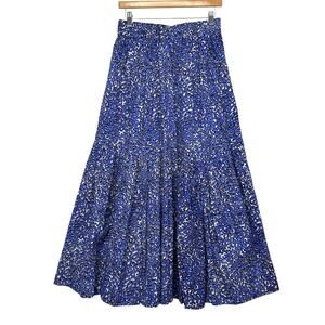 TUCKERNUCK Tiered Ruffle Maxi Skirt Womens S Blue White Geometric Coral Beachy
